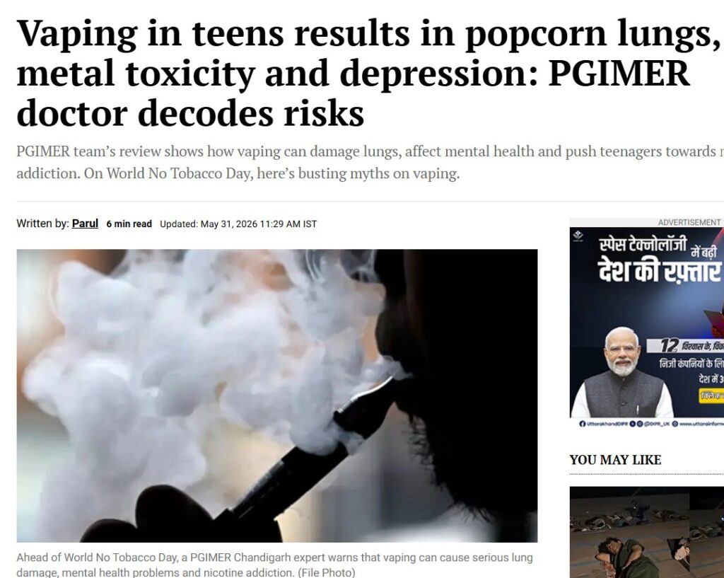 Vaping in teens results in popcorn lungs, metal toxicity and depression: PGIMER doctor decodes risks