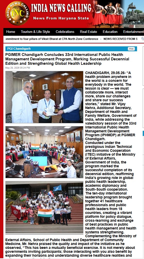 PGIMER Chandigarh Concludes 33rd International Public Health Management Development Program, Marking Successful Decennial Edition and Strengthening Global Health Leadership